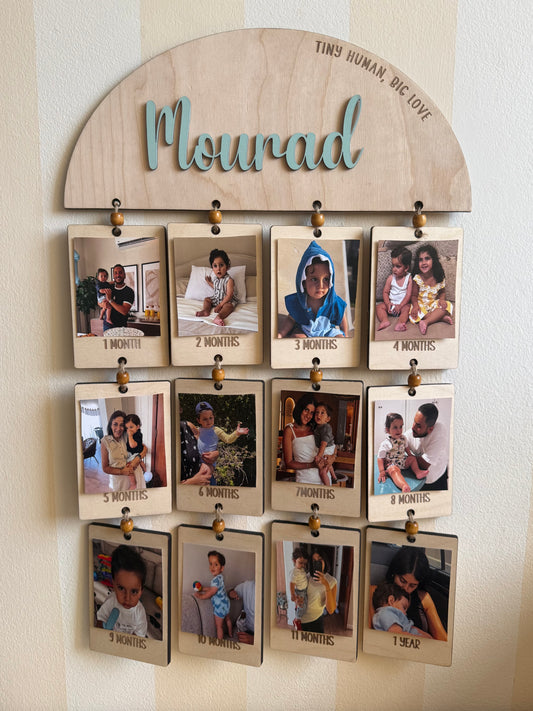 Personalized Wooden Baby Milestone Photo Display with Custom Name – Tiny Human, Big Love.